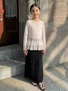 Dazy Kids Tween Girl Polka Dot Print Fashionable Double-Layer Frill Trim & Cuff Blouse - White - View 4