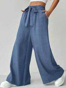 RiviMae Women's Solid Color High-Waist Belted Wide Leg Casual Pants With Pockets Fall Cloth For Women - Royal Blue - View 6