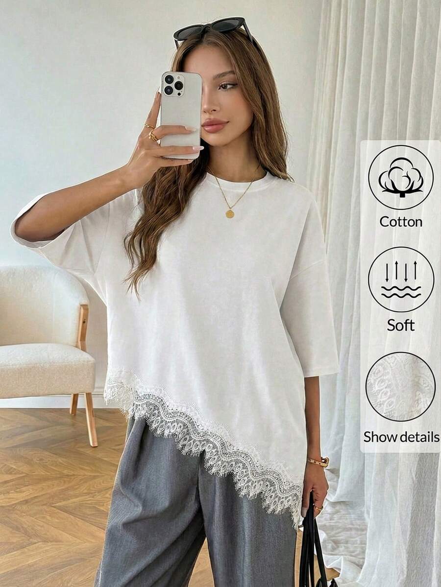 SHEIN 少女春夏休闲简约白色纯色针织圆领蕾丝边不规则下摆宽松短袖T恤 - 白色 - 查看 1