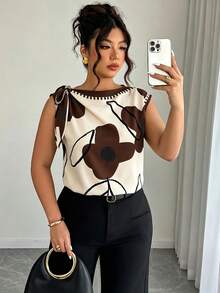 SHEIN Clasi 大尺碼女款春夏純色花卉印花繫肩上衣，適合休閒、時尚街頭及辦公穿搭 - 彩色 - 查看 1