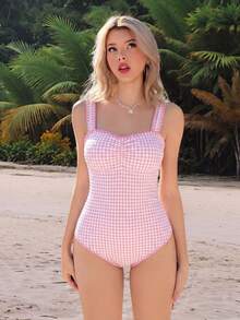 Swim Mod Women's Simple & Elegant Solid Color Ribbed One-Piece Swimsuit, Beach Outfit For Summer - Baby Pink - View 3