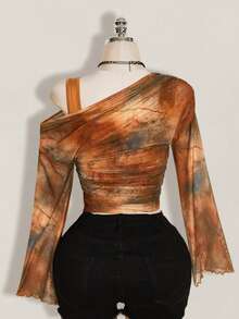 SHEIN ICON Blusa semi-transparente de mujer talla grande con cuello asimétrico y volantes en la cintura, estilo playa/resort, primavera/verano - Multicolor - Ver 2