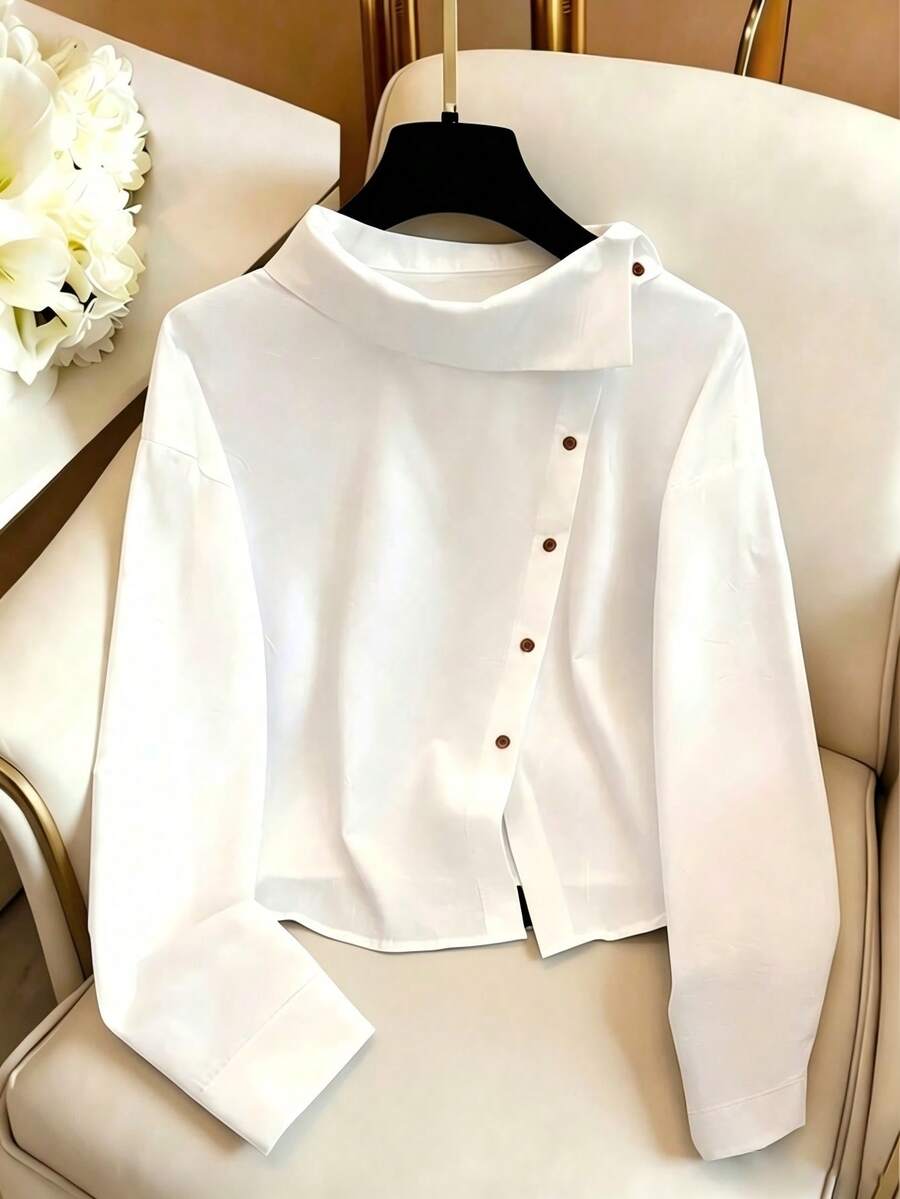 Qadelle Áo cánh trắng thời trang giản dị thanh lịch dành cho nữ, áo cổ đứng đa năng có thiết kế độc đáo - trắng - Xem 1