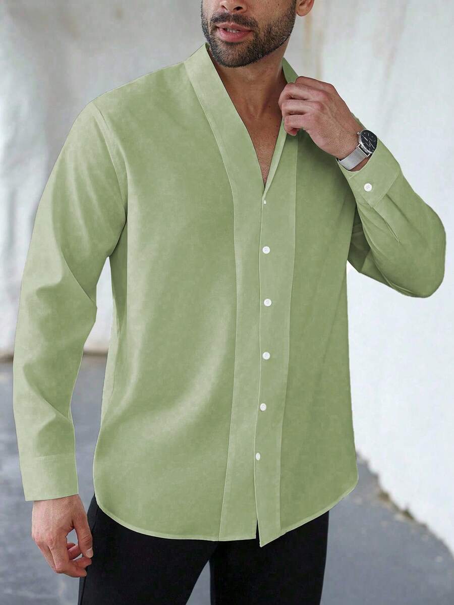 Manfinity Homme Plus Size Men's Casual Solid Color Front Button Long Sleeve Shirt, Summer - Green - View 1