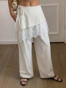 DAZY Women's Loose Straight Leg Pants With Elastic Waist And Drawstring, Casual Elegant Autumn Trousers Brunch White - Apricot - View 4