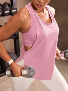 Powerista Solid Color Hollow Splice Racerback Sports Tank Top - Baby Pink - View 3