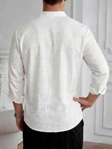 Core Aspect Men's Casual Solid Color Long Sleeve Shirt Men White Linen Shirt Men White Casual Shirt Men Textured Shirt Pure Cotton Men Shirt, White Shirt For Men, Men Summer, Fall, Old Money Style - White - View 3