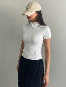 DAZY Teen Girl Plain Collar Zip-Up Short Sleeve Jacket, Fitted Basic Top, Casual Autumn Outerwear - White - View 7