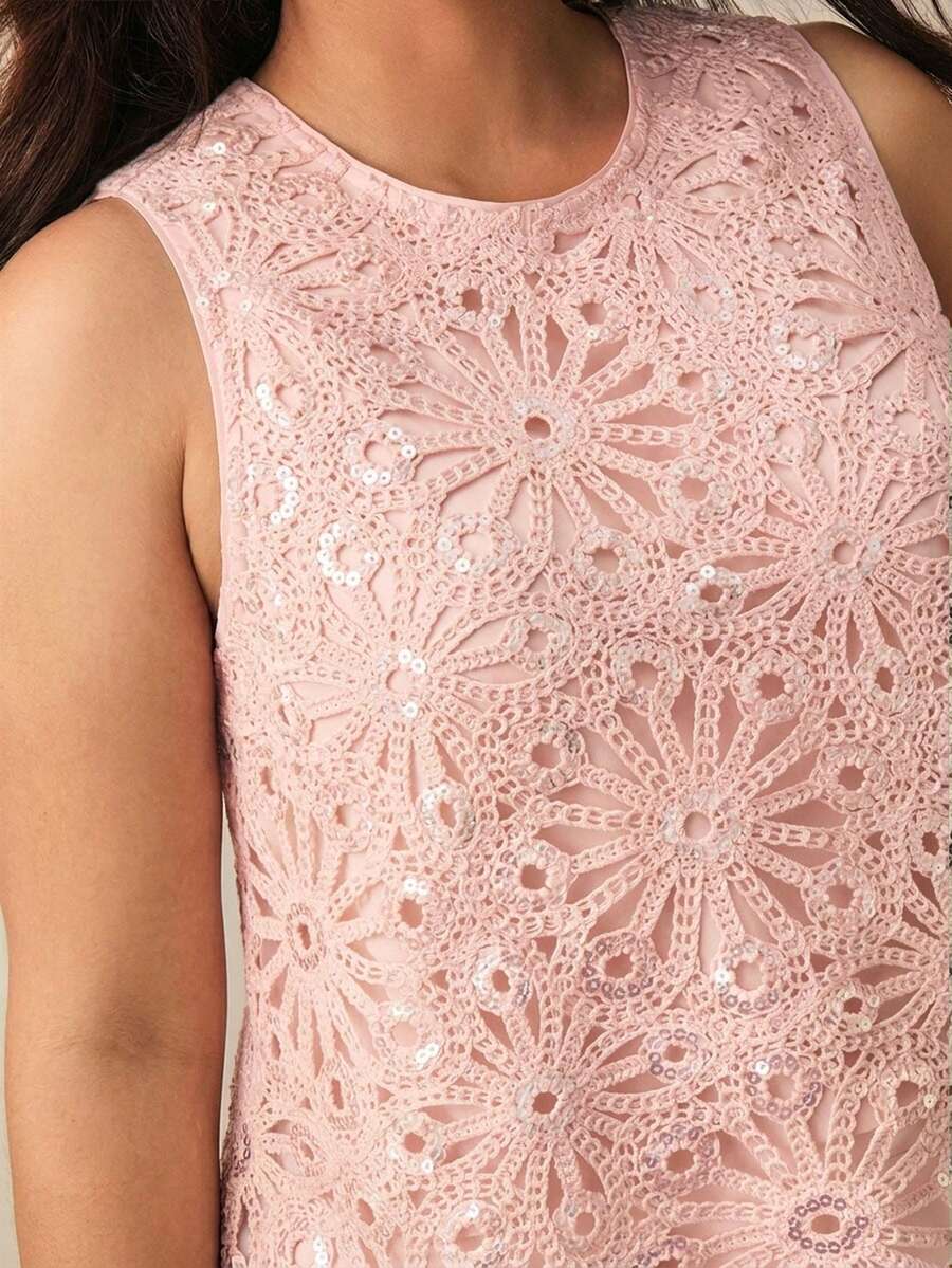 Anewsta Elegant French Romantic Bling Sequin Woven Sleeveless Tank Top For Women Wedding Brunch Dinner Evening Pink Summer - Pink - View 1