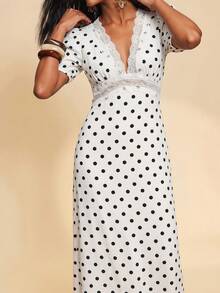 Travachic 2026新款女士修身V领蕾丝拼接波点腰部A字连衣裙 - 彩色 - 查看 8