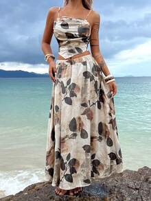 DAZY Women's Floral Print Camisole And Loose Palazzo Pants 2 Pieces Vacation Set Summer Beach Beige Breezy European - Khaki - View 1