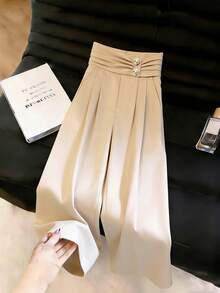 SHEIN LUNE Women's High Waist Wide Leg Pants With Right Pocket And Button Decor - Khaki - View 4