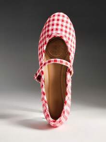 Solezae Women's Fashionable Check Fabric MaryJane Flats - Red - View 7