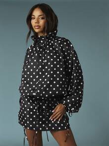 MISSGUIDED 波点抽绳连帽宽松外套，拉链闭合，休闲外穿 - 黑與白 - 查看 4