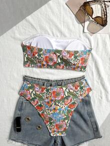 Swim Vcay 2pcs/Set Women Floral Random Print Strapless Bikini Swimwear Set, Suitable For Summer Beach Vacation - Multicolor - View 2