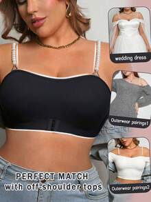 SHEIN Plus Size Black Wireless Bra, Front Closure, Pearl Strap, 1 Piece - Black - View 8
