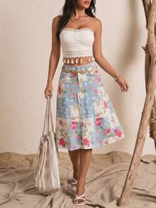 Jeanoix BOHO Patchwork Floral Pattern Washed Denim A-Line Skirt - Multicolor - View 1