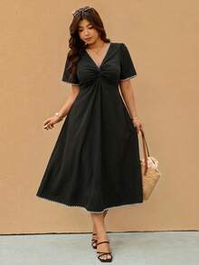 Melodosi Casual Minimalist Black Solid Color Seashell Embellished Dress, Suitable For Summer Music Festivals And Vacations, Plus Size - Black - View 6