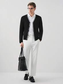 Manfinity CityGents Áo cardigan nam cổ chữ V, họa tiết sọc tương phản, cài nút phía trước, tay dài - Nhiều màu - Xem 4
