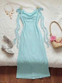 Comfortcana Gaun Tanpa Lengan Model Halter dengan Dekorasi Logam Elegan Ukuran Plus untuk Musim Panas - Mint Blue - View 4
