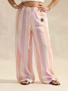 GalTyme Plus Size Women Waist Tie Striped Pocket Wide Leg Pants - Multicolor - View 4