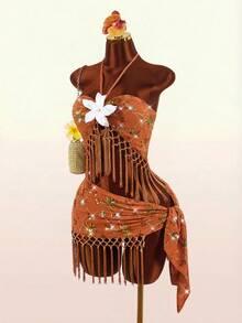 Amplova Women's Retro Sexy Avant-Garde Beaded Embroidered Floral Tassel Hem Cute Mini Skirt, Suitable For Vacation - Orange - View 2