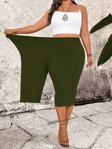 SHEIN PETITE CURVE 大码女式休闲抽绳腰针织七分裤 - 軍綠色 - 查看 6