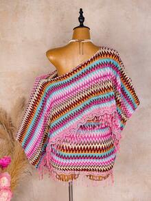 Bonvoyette Women's Textured Fabric Summer New Tassel Hem Design Cover-Up Top, Sexy Elegant Lady Beach Party Holiday Vacation Style Cover Up - Multicolor - View 5