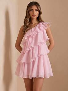 Gossip Girl X SHEIN SHEIN BAE 女士时尚纯色荷叶边不对称露肩短裙 - 粉色 - 查看 5