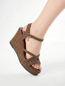 ROMWE Fairycore Giày sandal đế xuồng chống thấm nước kiểu La Mã dành cho nữ, giày đế cao hở mũi cho mùa hè. - màu nâu - Xem 6