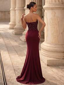 Glamrae Elegantes weinrotes Spitzen-Patchwork Kleid mit hoher Elastizität, trägerloses, sexy Taille, transparenter Meerjungfrauen-Raffung und Meerjungfrauen-Saum Abendkleid - Bordeaux - Übersicht 3