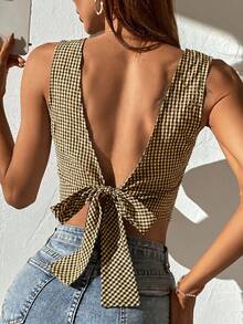 SHEIN Frenchy Backless Plaid Print Tie-Front Sleeveless Casual Shirt For Summer - Coffee Brown - View 1