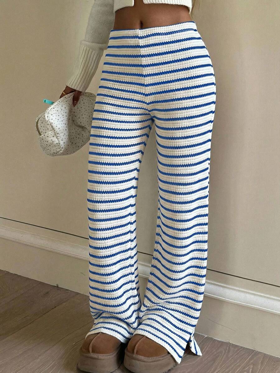 少女休闲舒适条纹蓝白浅色长裤,百搭街头风 - 藍白色 - 查看 1