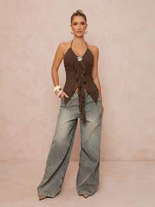 Lumalex Women's Metal Decor Ruffle Asymmetric Hem Pleated Waist Blouse, Brown - Brown - View 5