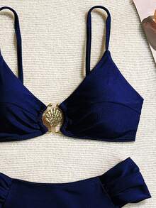 Swim Basics Women's Sexy Metal Decor Spaghetti Strap Bikini Set For Beach Vacation - Navy Blue - View 3