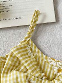 SHEIN Vintaside Kids Robe sans manches pour bébé fille, unisexe, nourrisson, tout-petit, nouveau-né de 0 à 3 ans, élégante, mignonne, décontractée, minimaliste, imprimé à carreaux jaunes et marguerites - Jaune citron - Voir 7