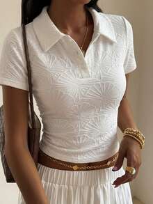 DAZY Women Textured Short Sleeve Slim Fit Polo Neck T-Shirt - White - View 4