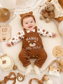 SHEIN Playful Pals 2件組男嬰長袖連身衣與圍兜褲套裝，熊與字母刺繡，棕色，秋季可愛端莊家庭款 Mamas Little Man 連身褲 - 棕色 - 查看 13