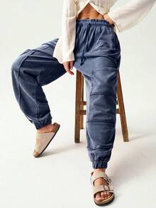 Bohemela Women's Casual Solid Color Knit Loose Drawstring Sweatpants - Royal Blue - View 2