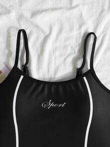 SHEIN 少女黑白撞色连体泳衣，简约海滩度假泳装 - 黑與白 - 查看 4
