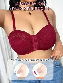 Romantic Lace Plus Size Front-Closure Women's Lingerie - Burgundy - View 4
