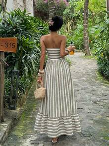Sunnyshic Women's Strapless Halter Dress, Striped, Vacation Style, Spring/Summer - Multicolor - View 2