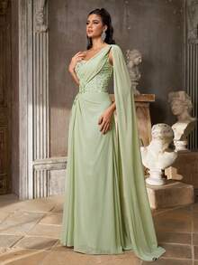 Aureia Abito elegante formale in chiffon verde salvia con perline e strass, scollo a bustier, steccato a pesce, scialle e linea ad A, per invitata a matrimonio, gala, ballo di fine anno, serata, addio al nubilato, estate - Verde - Visualizzare 9