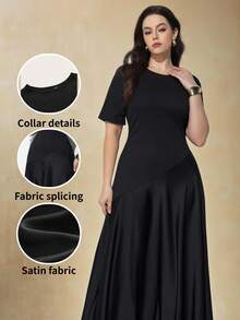 Maija Plus Size Spring/Summer Black Round Neck Short Sleeve Asymmetrical Cut Knit Spliced Flowy Hem Women's Dress Elegant Brunch Tea Party Formal - Black - View 2