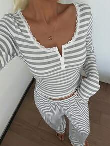 SHEIN Lace Trim Square Collar 2-Button Striped Print Long Sleeve Curve Pajamas Set , Fall & Winter Clothes - Light Grey - View 5