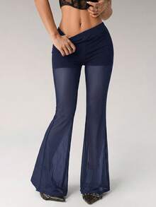 SHEIN ICON Summer Women's Going Out Night Concert Solid Color Mesh Patchwork Flare Pants, Suitable For Commuting Navy Blue Sexy - Navy Blue - View 7