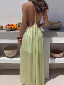 Aloruh Women's Solid Color Backless Spaghetti Strap Dress, Vacation - Green - View 8