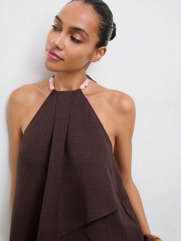 SHEIN Maija Women's Elegant Solid Color Backless Halter Top, Brunch Outfits,Summer Holiday Outfits Shades Of Brown,Going Out Outfits,Summer Top