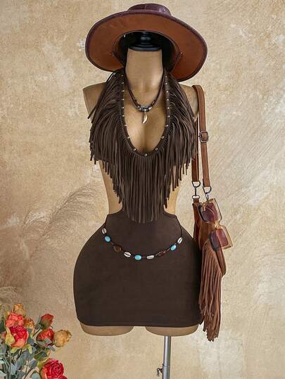 Soleia New Sexy V-Neck Rivet Tassel Decor Waist Hollow Out Bodycon Mini Dress, Suitable For Beach, Cruise, Holiday, Vacation, Music Festival, Bohemian, Beach Resort, Summer, Music Festival Outfit, Versatile For All Seasons, Daily Commute, Wedding Season, Party, Carnival