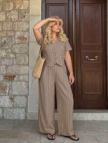 Dripcurv Plus Size Spring/Summer Casual Minimalist Versatile Striped 2 Pieces Suit Set, Women Blazer + Pants In Fall/Winter - Khaki - View 3